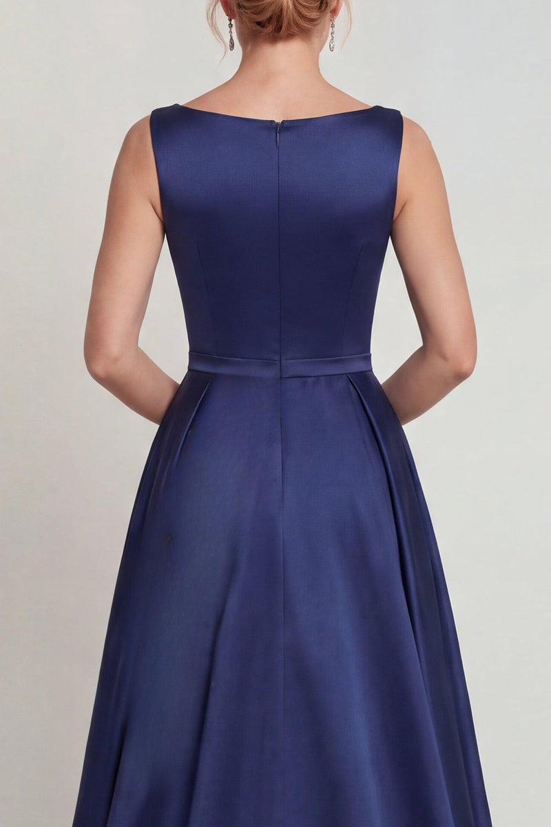 Load image into Gallery viewer, Boat Neck A Line Navy Beaded Satin Floral Long Mother of the Bride Dress