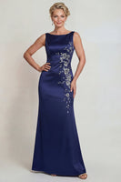 Load image into Gallery viewer, Boat Neck Mermaid Satin Navy Floral Long Mother of the Bride Dress