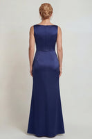 Load image into Gallery viewer, Boat Neck Mermaid Satin Navy Floral Long Mother of the Bride Dress