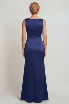 Boat Neck Mermaid Satin Navy Floral Long Mother of the Bride Dress