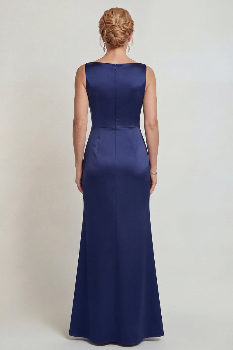 Load image into Gallery viewer, Boat Neck Mermaid Satin Navy Floral Long Mother of the Bride Dress