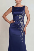 Load image into Gallery viewer, Boat Neck Mermaid Satin Navy Floral Long Mother of the Bride Dress