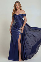Load image into Gallery viewer, Off The Shoulder Floral Navy Corset Long Formal Dress with Streamer