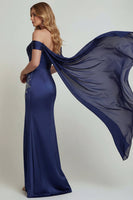 Load image into Gallery viewer, Off The Shoulder Floral Navy Corset Long Formal Dress with Streamer