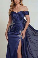 Load image into Gallery viewer, Off The Shoulder Floral Navy Corset Long Formal Dress with Streamer