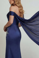 Load image into Gallery viewer, Off The Shoulder Floral Navy Corset Long Formal Dress with Streamer