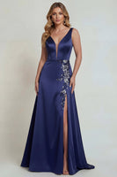 Load image into Gallery viewer, Navy Floral Satin A Line V-Neck Long Formal Dress with Slit