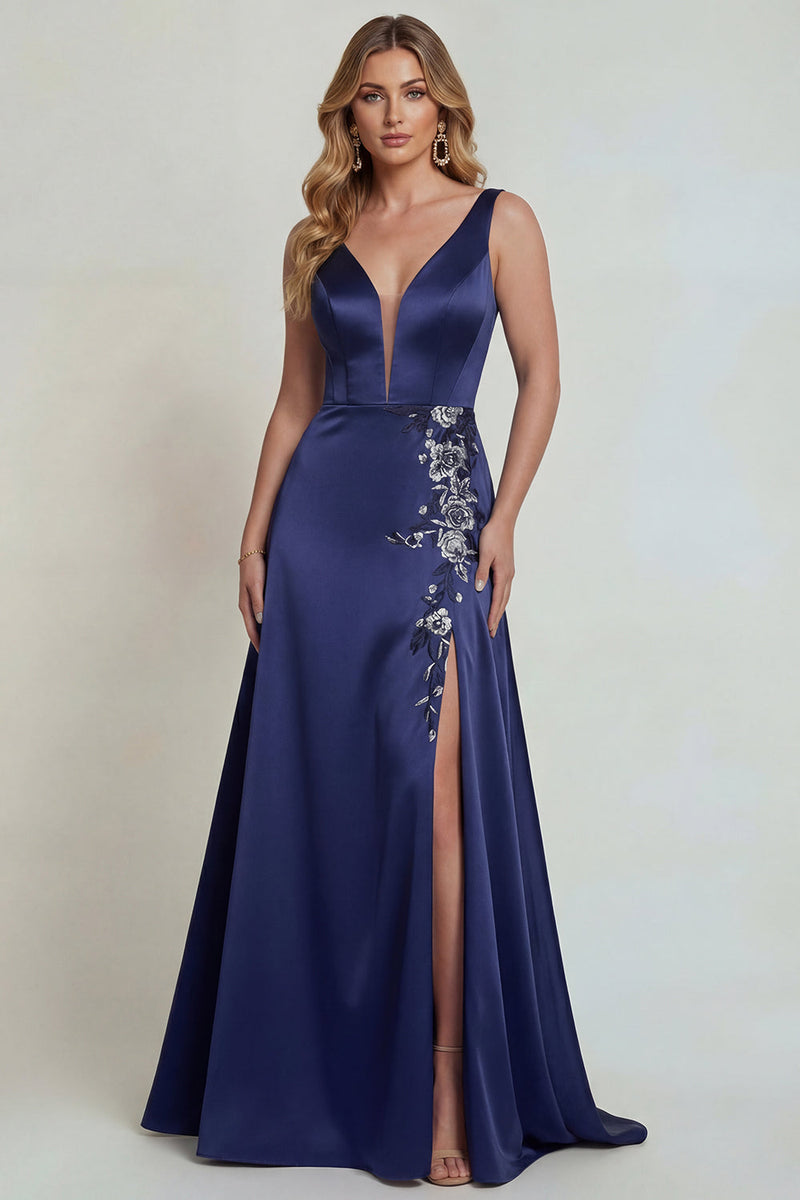 Load image into Gallery viewer, Navy Floral Satin A Line V-Neck Long Formal Dress with Slit