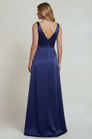 Load image into Gallery viewer, Navy Floral Satin A Line V-Neck Long Formal Dress with Slit