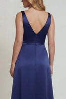 Load image into Gallery viewer, Navy Floral Satin A Line V-Neck Long Formal Dress with Slit