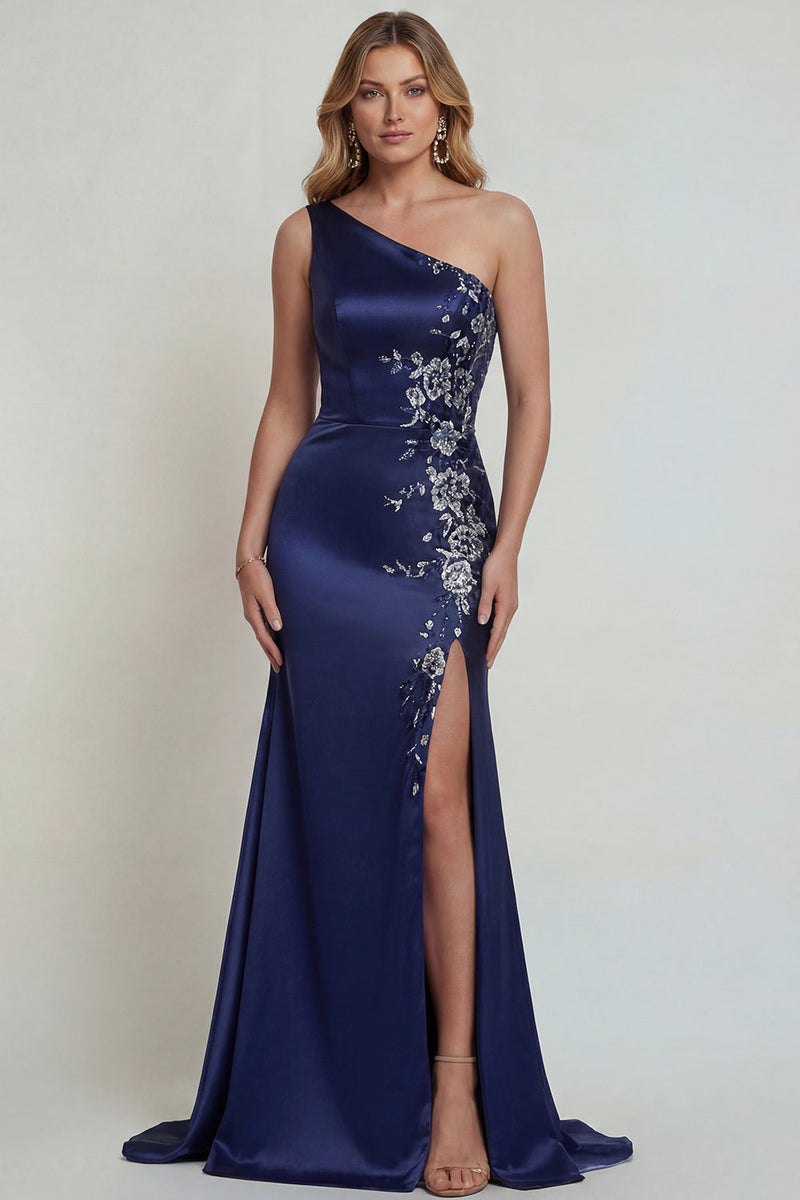 Load image into Gallery viewer, One Shoulder Floral Mermaid Navy Satin Long Formal Dress with Slit