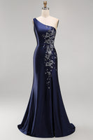 Load image into Gallery viewer, One Shoulder Floral Mermaid Navy Satin Long Formal Dress with Slit