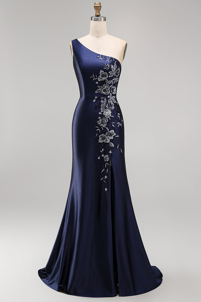 Load image into Gallery viewer, One Shoulder Floral Mermaid Navy Satin Long Formal Dress with Slit