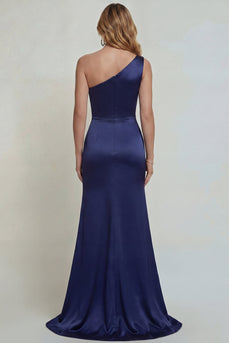 One Shoulder Floral Mermaid Navy Satin Long Formal Dress with Slit