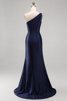 Load image into Gallery viewer, One Shoulder Floral Mermaid Navy Satin Long Formal Dress with Slit