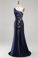 Load image into Gallery viewer, One Shoulder Floral Mermaid Navy Satin Long Formal Dress with Slit