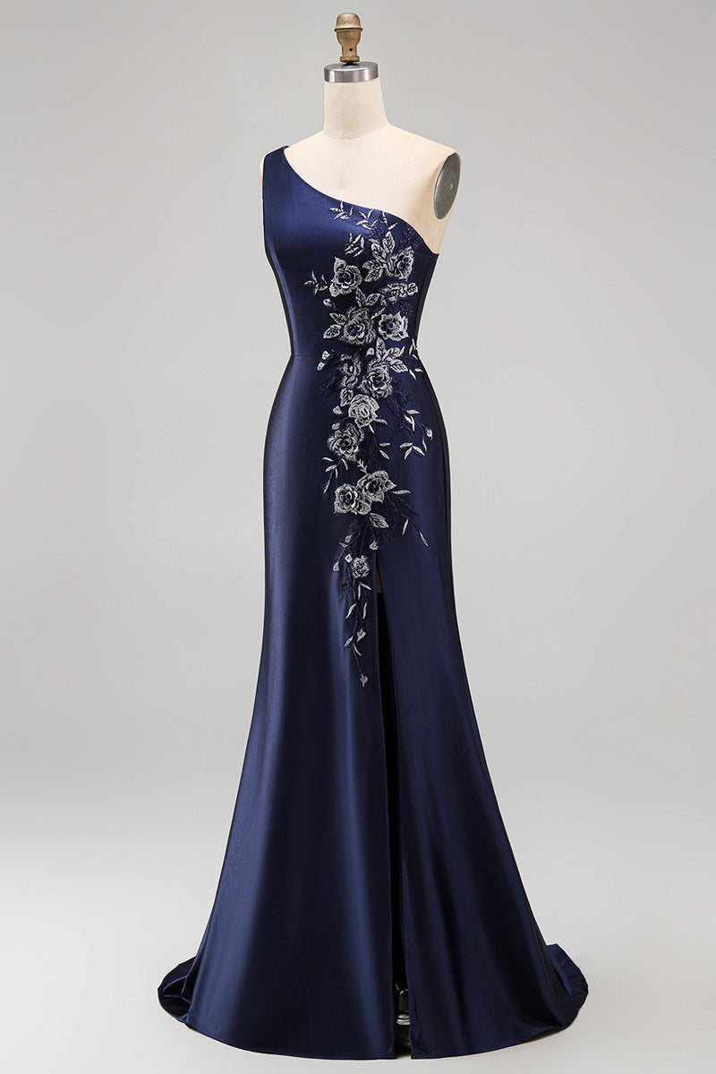 Load image into Gallery viewer, One Shoulder Floral Mermaid Navy Satin Long Formal Dress with Slit