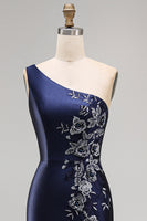 Load image into Gallery viewer, One Shoulder Floral Mermaid Navy Satin Long Formal Dress with Slit