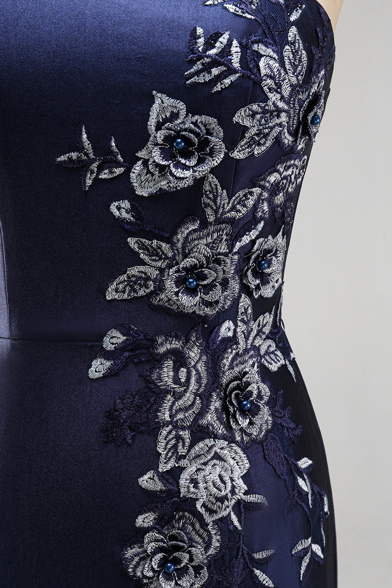 Load image into Gallery viewer, One Shoulder Floral Mermaid Navy Satin Long Formal Dress with Slit