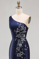 Load image into Gallery viewer, One Shoulder Floral Mermaid Navy Satin Long Formal Dress with Slit