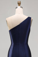 Load image into Gallery viewer, One Shoulder Floral Mermaid Navy Satin Long Formal Dress with Slit
