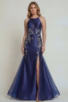 Load image into Gallery viewer, Navy Floral Satin Mermaid Halter Long Formal Dress with Slit