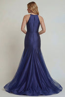 Load image into Gallery viewer, Navy Floral Satin Mermaid Halter Long Formal Dress with Slit