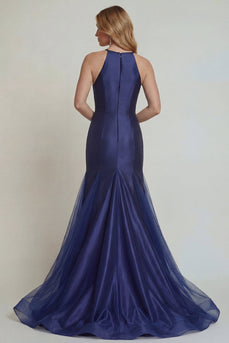 Navy Floral Satin Mermaid Halter Long Formal Dress with Slit