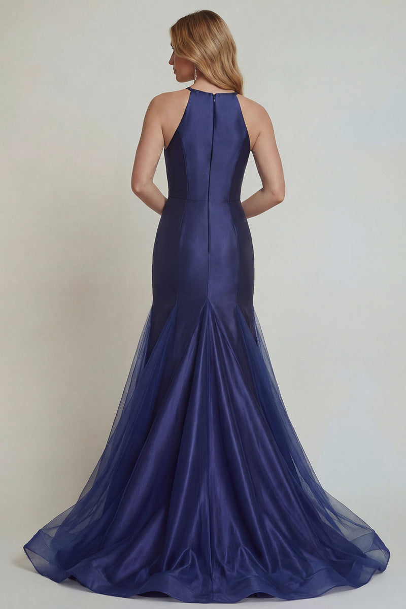 Load image into Gallery viewer, Navy Floral Satin Mermaid Halter Long Formal Dress with Slit