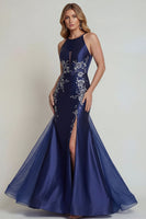 Load image into Gallery viewer, Navy Floral Satin Mermaid Halter Long Formal Dress with Slit
