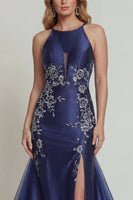 Load image into Gallery viewer, Navy Floral Satin Mermaid Halter Long Formal Dress with Slit