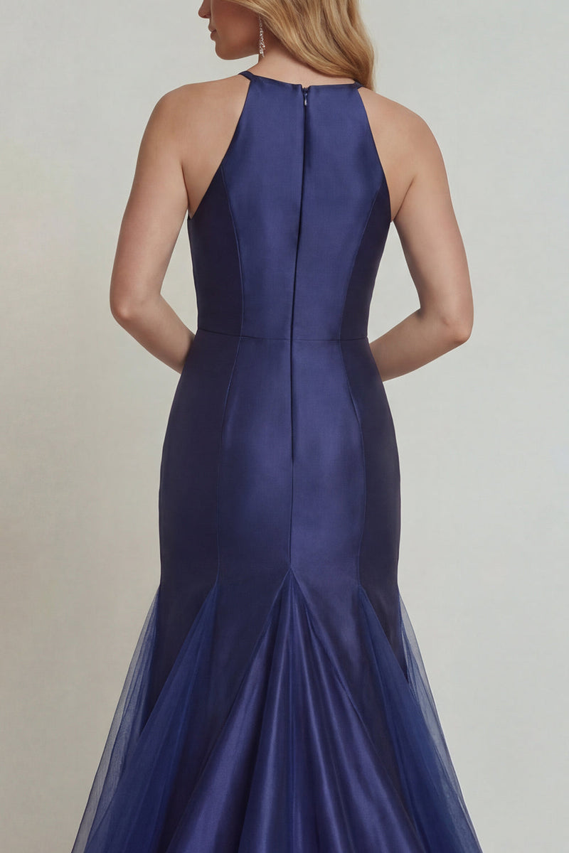 Load image into Gallery viewer, Navy Floral Satin Mermaid Halter Long Formal Dress with Slit