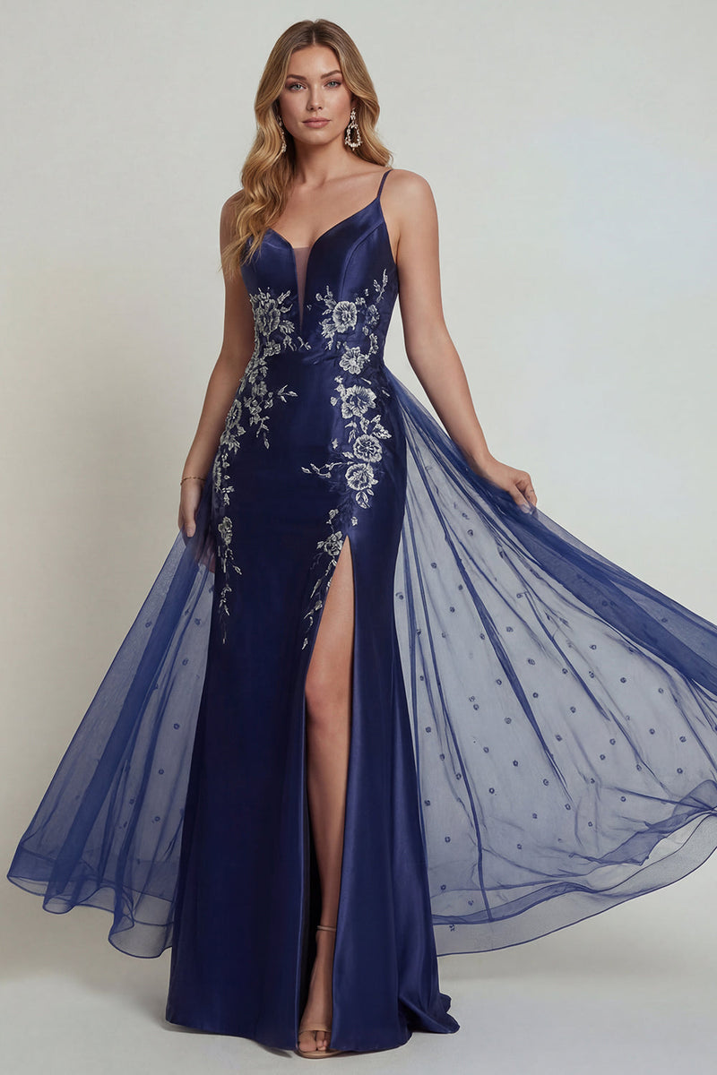 Load image into Gallery viewer, Navy Floral Mermaid Satin Long Formal Dress with Cape