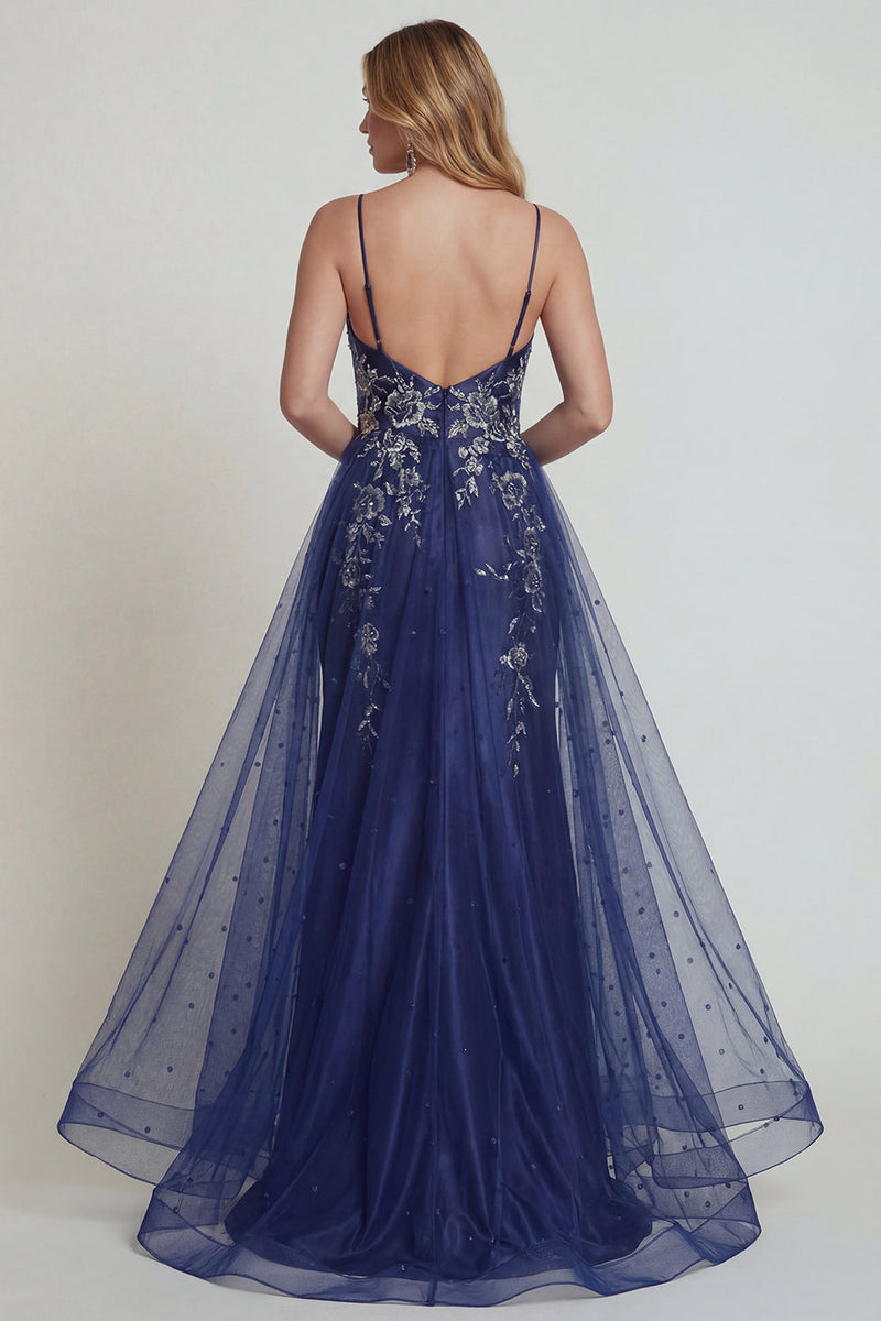 Load image into Gallery viewer, Navy Floral Mermaid Satin Long Formal Dress with Cape