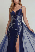 Load image into Gallery viewer, Navy Floral Mermaid Satin Long Formal Dress with Cape