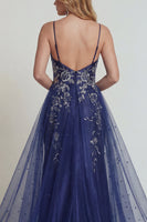 Load image into Gallery viewer, Navy Floral Mermaid Satin Long Formal Dress with Cape
