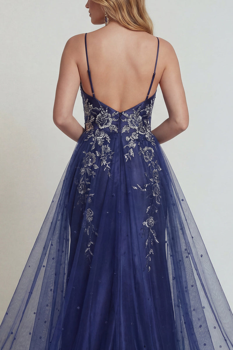 Load image into Gallery viewer, Navy Floral Mermaid Satin Long Formal Dress with Cape