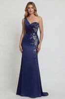 Load image into Gallery viewer, Mermaid One Shoulder Satin Navy Floral Long Formal Dress