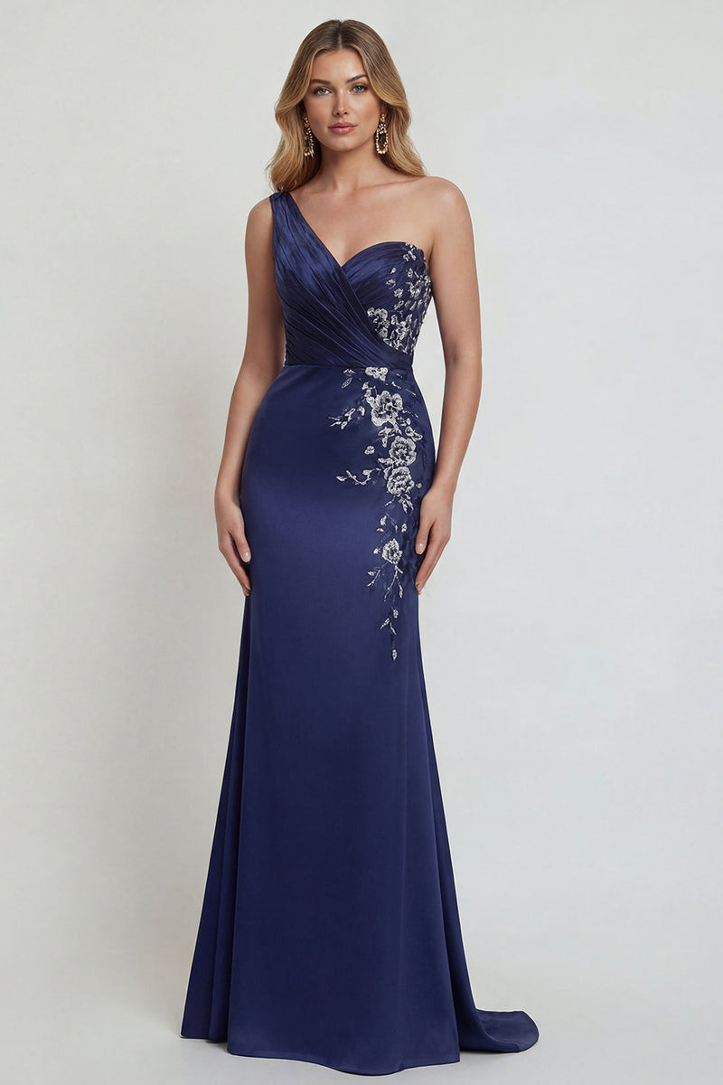 Load image into Gallery viewer, Mermaid One Shoulder Satin Navy Floral Long Formal Dress