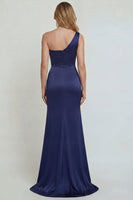 Load image into Gallery viewer, Mermaid One Shoulder Satin Navy Floral Long Formal Dress