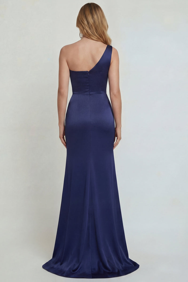 Load image into Gallery viewer, Mermaid One Shoulder Satin Navy Floral Long Formal Dress