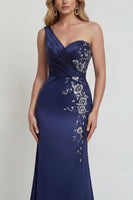 Load image into Gallery viewer, Mermaid One Shoulder Satin Navy Floral Long Formal Dress