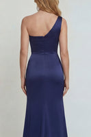 Load image into Gallery viewer, Mermaid One Shoulder Satin Navy Floral Long Formal Dress