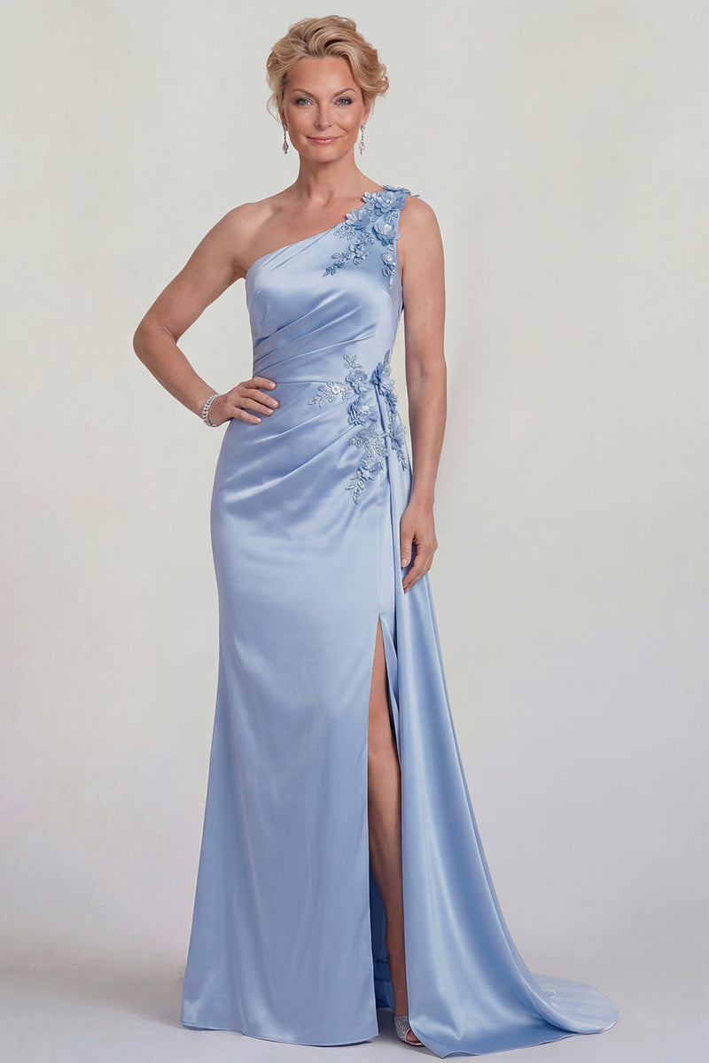 Load image into Gallery viewer, One Shoulder Mermaid Blue Satin Floral Long Mother of the Bride Dress with Side Cape