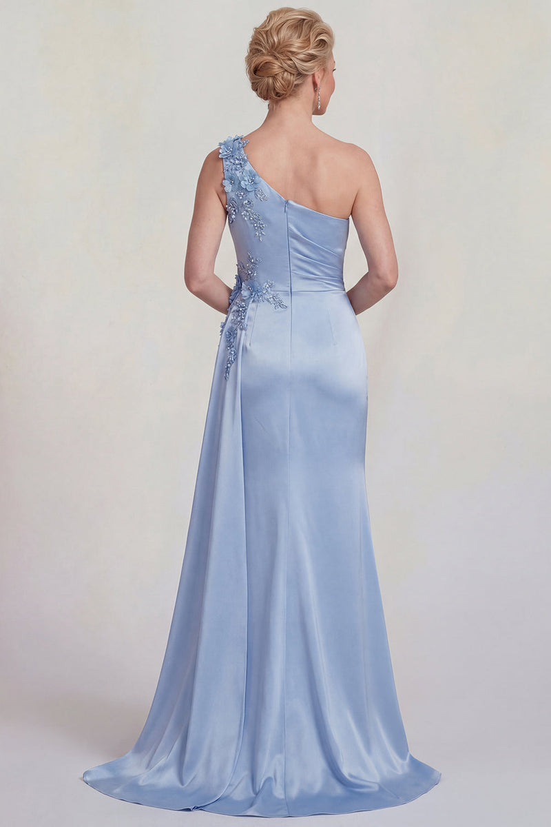 Load image into Gallery viewer, One Shoulder Mermaid Blue Satin Floral Long Mother of the Bride Dress with Side Cape