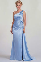 Load image into Gallery viewer, One Shoulder Mermaid Blue Satin Floral Long Mother of the Bride Dress with Side Cape