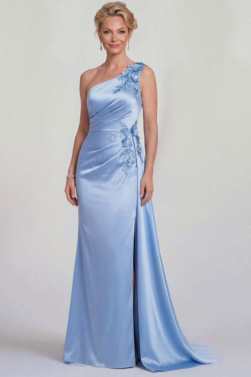 Load image into Gallery viewer, One Shoulder Mermaid Blue Satin Floral Long Mother of the Bride Dress with Side Cape