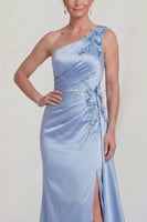 Load image into Gallery viewer, One Shoulder Mermaid Blue Satin Floral Long Mother of the Bride Dress with Side Cape