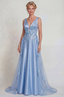 Load image into Gallery viewer, Sparkly Blue Floral V-Neck Satin A Line Long Mother of the Bride Dress