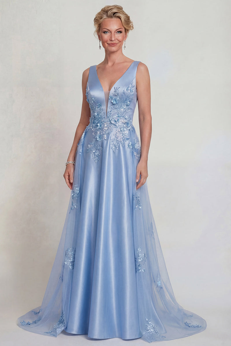 Load image into Gallery viewer, Sparkly Blue Floral V-Neck Satin A Line Long Mother of the Bride Dress